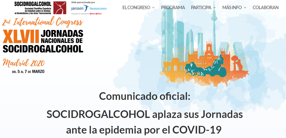 SOCIDROGALCOHOL aplaza sus Jornadas ante la epidemia por el COVID-19