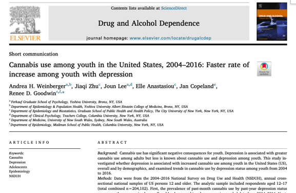 Consumo de cannabis entre los jóvenes en los Estados Unidos, 2004-2016: tasa de aumento más rápida entre los jóvenes con depresión