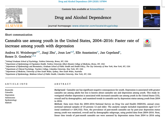 Consumo de cannabis entre los jóvenes en los Estados Unidos, 2004-2016: tasa de aumento más rápida entre los jóvenes con depresión