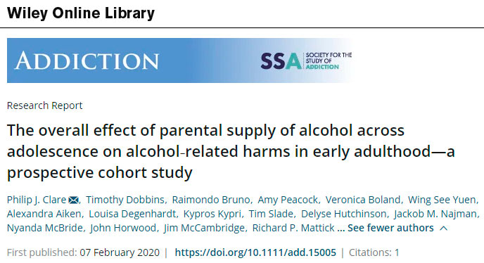 El efecto general del suministro parental de alcohol en la adolescencia sobre los daños relacionados con el alcohol en la edad adulta temprana – un estudio de cohorte prospectivo